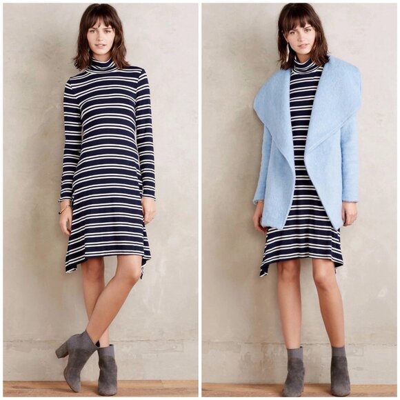 Anthropologie Maeve Striped Navy & White Long-Sleeve Turtleneck Midi Dress Size - Picture 14 of 14